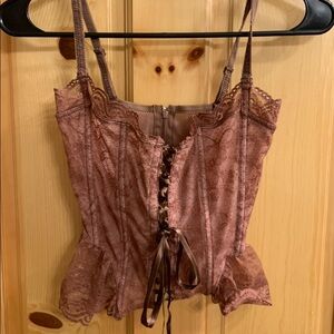 Brown lace victoria secret zip up corset with bow detail and corset tie in front
